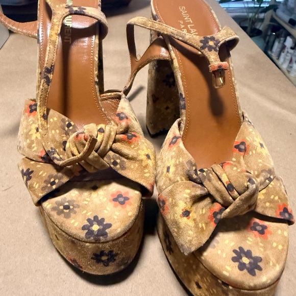 Saint Laurent Tan Floral Heels - Picture 3 of 6